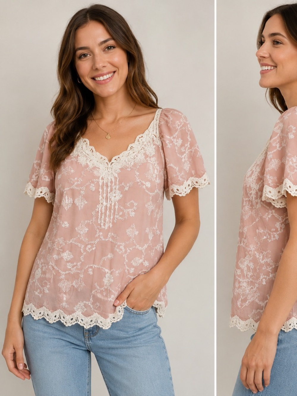 Democracy Blush Pink Crochet Trim Embroidered Top